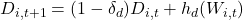 D_{i,t+1} = (1-\delta_d)D_{i,t} + h_d(W_{i,t})